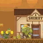 En tecknad cowboy med hatt skjuter mot gröna monster och en stor ork framför en sheriffbyggnad i ökenmiljö