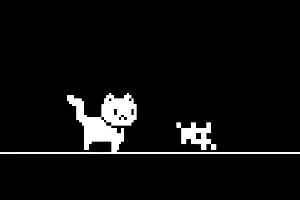 En pixelerad vit katt och en liten, pixelerad varelse står på en svart bakgrund