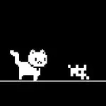 En pixelerad vit katt och en liten, pixelerad varelse står på en svart bakgrund