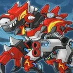 Röd och grå robotdinosaurie med raketer och mekaniska detaljer mot en blå bakgrund