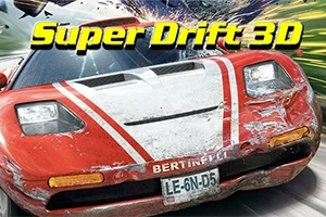 Super Drift 3D Röd sportbil med skador pÄ fronten, omgiven av rörelseoskÀrpa och texten Super Drift 3D ovanför