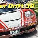 Super Drift 3D Röd sportbil med skador pÄ fronten, omgiven av rörelseoskÀrpa och texten Super Drift 3D ovanför