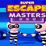 Två tecknade figurer i randiga dräkter och ögonmasker står framför en blå bil, med texten Super Escape Masters ovanför dem