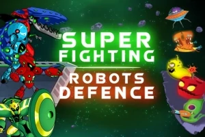 Färgglada robotar och rymdvarelser i en tecknad stil med texten Super Fighting Robots Defence på en rymdbakgrund