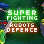 Färgglada robotar och rymdvarelser i en tecknad stil med texten Super Fighting Robots Defence på en rymdbakgrund