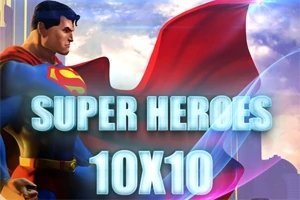 Superhjälte med röd cape och blå dräkt framför texten SUPER HEROES 10X10