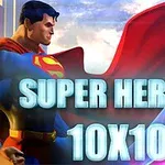 Superhjälte med röd cape och blå dräkt framför texten SUPER HEROES 10X10