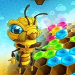 En tecknad, antropomorf bi står bredvid ett färgglatt hexagonalt pussel på en blå och gyllene bakgrund