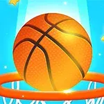En tecknad basketboll faller genom en orange basketkorg omgiven av stjärnor och en blå bakgrund