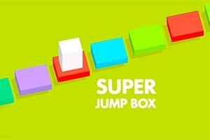 Färgglada kuber på en grön bakgrund med texten SUPER JUMP BOX i vitt