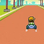 Pixelerad scen med en figur i en gokart som kör på en väg kantad med träd