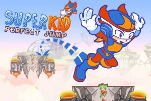 En tecknad figur i blå och orange dräkt hoppar mellan plattformar i en fantasymiljö med texten Super Kid Perfect Jump ovanför