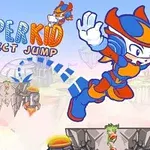 En tecknad figur i blå och orange dräkt hoppar mellan plattformar i en fantasymiljö med texten Super Kid Perfect Jump ovanför