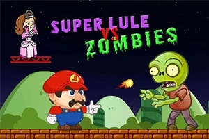 Tecknad karaktär med röd hatt skjuter eldklot mot en grön zombie på en tegelplattform under natthimmel, med en prinsessa ovanpå en plattform och texten Super Lule vs Zombies ovanför