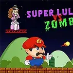 Tecknad karaktär med röd hatt skjuter eldklot mot en grön zombie på en tegelplattform under natthimmel, med en prinsessa ovanpå en plattform och texten Super Lule vs Zombies ovanför