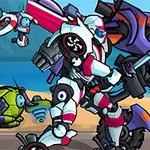 En futuristisk robot i vita och lila färger med ett svärd står redo för strid mot en annan mekanisk figur på en strandig bakgrund