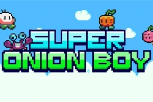 Texten SUPER ONION BOY i pixelstil med små, färgglada figurer ovanpå mot en blå himmel med vita moln