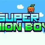 Texten SUPER ONION BOY i pixelstil med små, färgglada figurer ovanpå mot en blå himmel med vita moln