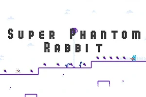 Texten Super Phantom Rabbit över en minimalistisk spelgrafik med en blå kanin på en platå