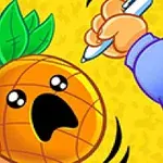 En tecknad ananas med ett rädd ansikte hålls av en hand, medan en penna svävar ovanför den