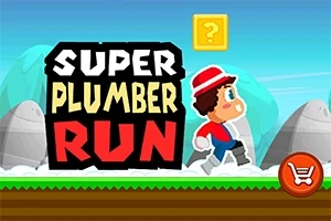 Tecknad karaktär med röd hatt springer i en färgglad miljö med block och texten Super Plumber Run