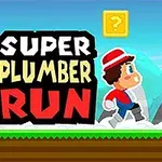 Tecknad karaktär med röd hatt springer i en färgglad miljö med block och texten Super Plumber Run