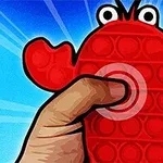 En hand trycker på en röd krabbliknande pop it-leksak mot en blå bakgrund