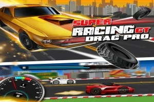Gul racerbilsillustration med texten Super Racing GT Drag Pro och däck i rörelse
