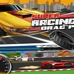 Gul racerbilsillustration med texten Super Racing GT Drag Pro och däck i rörelse