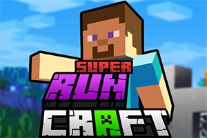 Bilden visar en blockig figur med brunt hår och skägg som sträcker ut armen, med stora bokstäver Super Run Craft framför honom