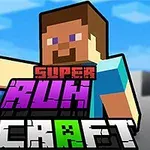 Bilden visar en blockig figur med brunt hår och skägg som sträcker ut armen, med stora bokstäver Super Run Craft framför honom