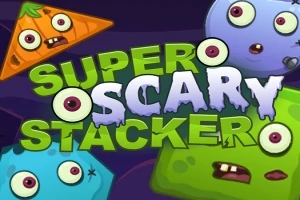 Färgglada, runda och kantiga monster med stora ögon omger texten Super Scary Stacker på en mörk bakgrund