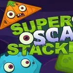 Färgglada, runda och kantiga monster med stora ögon omger texten Super Scary Stacker på en mörk bakgrund
