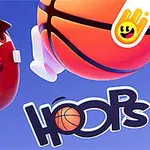 Tecknad figur med ett basketballtema och texten Hoops med en basketboll i bakgrunden