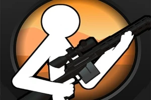 En stiliserad vit figur håller ett svart gevär mot en orange bakgrund