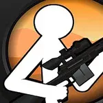 En stiliserad vit figur håller ett svart gevär mot en orange bakgrund