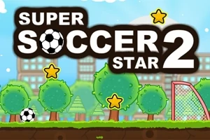 Tecknad bild med gröna träd, en fotboll, stjärnor och ett mål på en gräsplan med texten SUPER SOCCER STAR 2