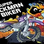 Serietecknad figur i färgglad hjälm kör motorcykel i vildmarksmiljö