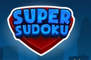 Texten SUPER SUDOKU i blå stiliserad 3D-text över en röd diamantform mot en mörk stadsbildsbakgrund