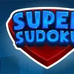 Texten SUPER SUDOKU i blå stiliserad 3D-text över en röd diamantform mot en mörk stadsbildsbakgrund
