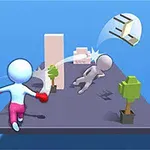 Två enkla tecknade figurer står på en minimalistisk plattform med några fyrkantiga träd, där en figur slår ut den andra
