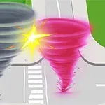 Två virvlar i grått och rosa kolliderar med en ljusexplosion på en väg med övergångsställe