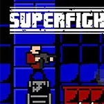 Två pixlade karaktärer, en med gevär och en annan utan vapen, står i en blå och svart rutmönstrad miljö med texten SUPERFIGHTERS ovanför