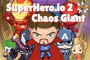Flera tecknade superhjältar och skurkar i chibi-stil samlade med texten SuperHero