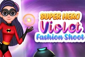 Superhjälteklädd figur med mörk lila hår och mask poserar bredvid texten Super Hero Violet Fashion Shoot på en färgstark bakgrund