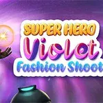 Superhjälteklädd figur med mörk lila hår och mask poserar bredvid texten Super Hero Violet Fashion Shoot på en färgstark bakgrund