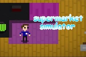 Pixelkonstbild med en karaktär ovanpå ett lila och träfärgat golv samt texten supermarket simulator