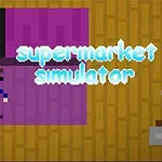 Pixelkonstbild med en karaktär ovanpå ett lila och träfärgat golv samt texten supermarket simulator