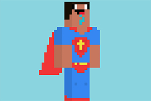 Pixlad figur med superhjältedräkt i blått och rött, med en röd cape och ett kors på bröstet