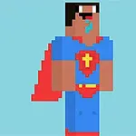 Pixlad figur med superhjältedräkt i blått och rött, med en röd cape och ett kors på bröstet